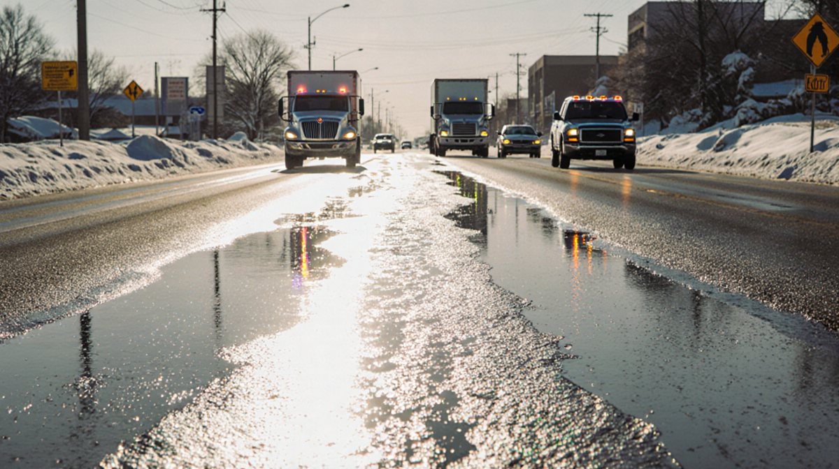 Main road glistening with ice and slush cars halted with flashing hazard lights under winter sun
