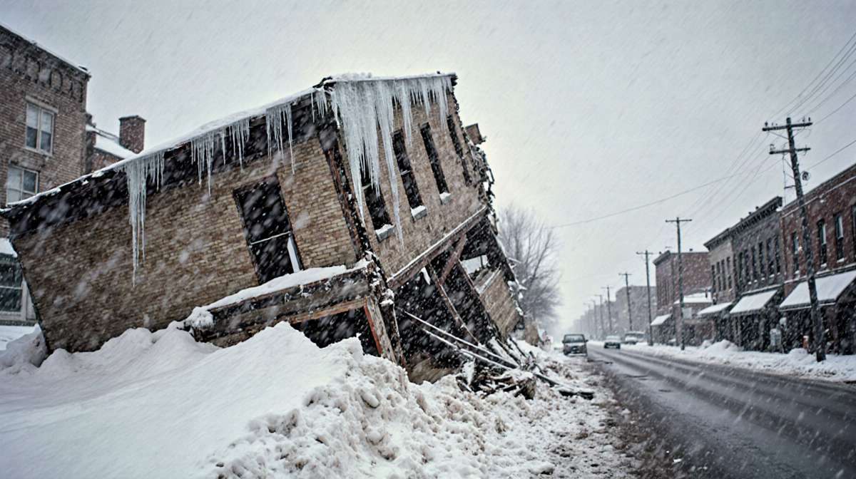 Snow blankets collapsed building with icicles hanging and snowdrifts piling.
