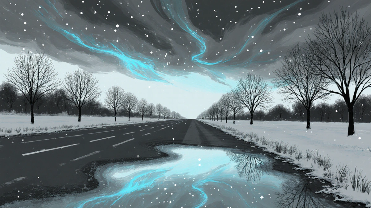 Frozen puddle glistening with icy light and falling snowflakes in North Texas winter storm