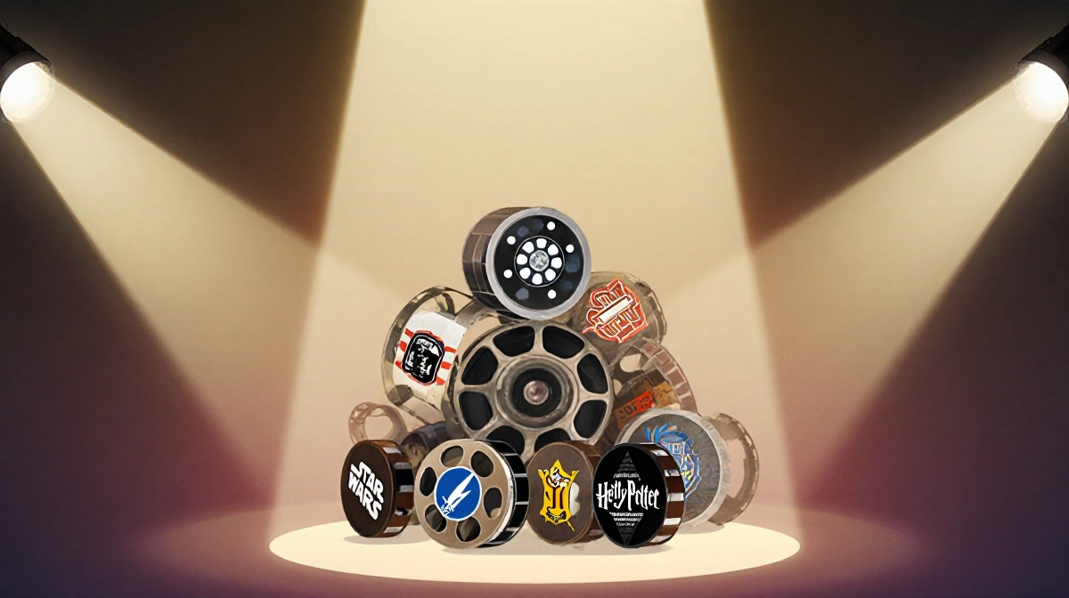 Spotlight shines on vintage film reels with Star Wars and Harry Potter logos arranged in circle with warm nostalgic glow