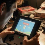 Nostalgic gamer playing Atari 2600 with E.T. cartridge under warm glow from Gamestation Go amid vintage game boxes