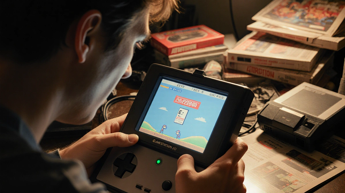 Nostalgic gamer playing Atari 2600 with E.T. cartridge under warm glow from Gamestation Go amid vintage game boxes