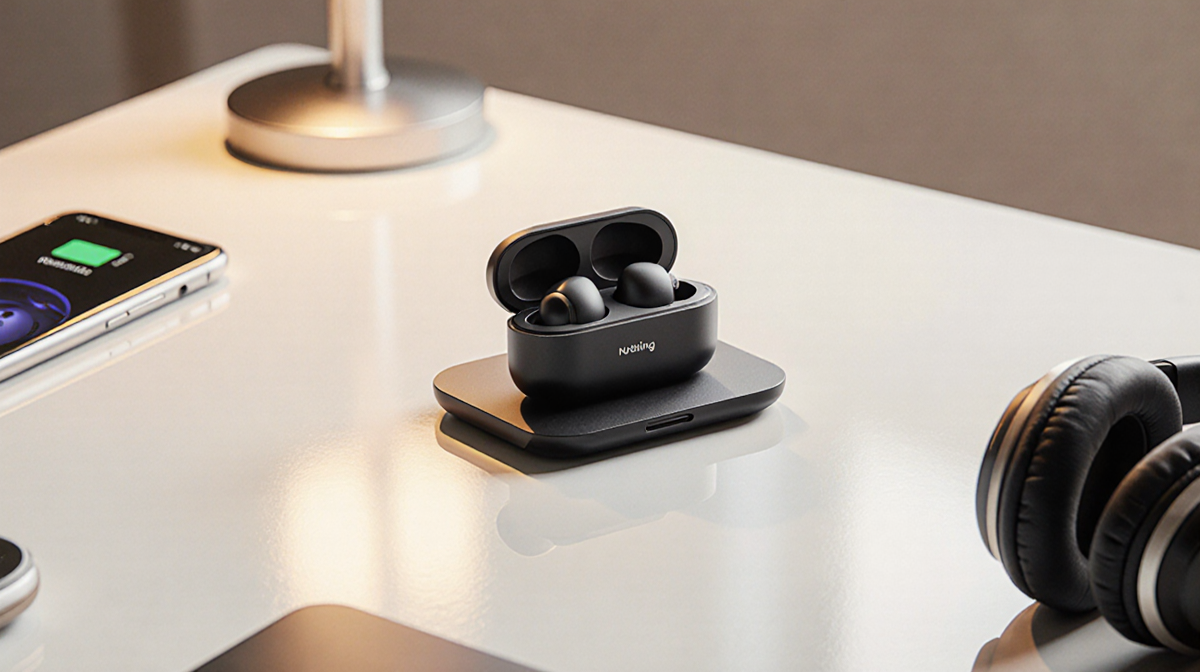 Nothing Ear earbuds resting on a minimalist desk with wireless charging pad phone and headphones