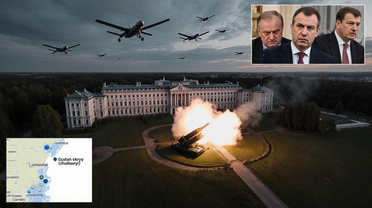 Drones hover over Russian residence with missile defense firing and smoke and Lavrov and Zelenskyy watching in Novgorod