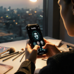 Person holding smartphone with glitchy Nudify screen under golden light highlighting uneasy expression near cluttered desk