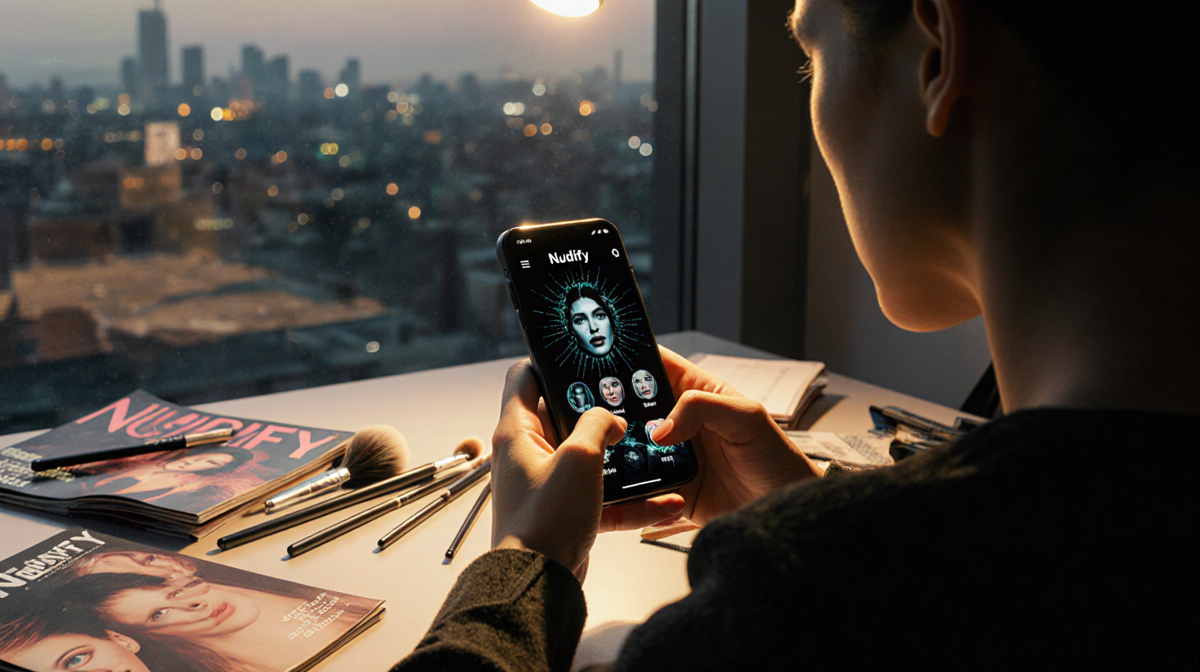 Person holding smartphone with glitchy Nudify screen under golden light highlighting uneasy expression near cluttered desk
