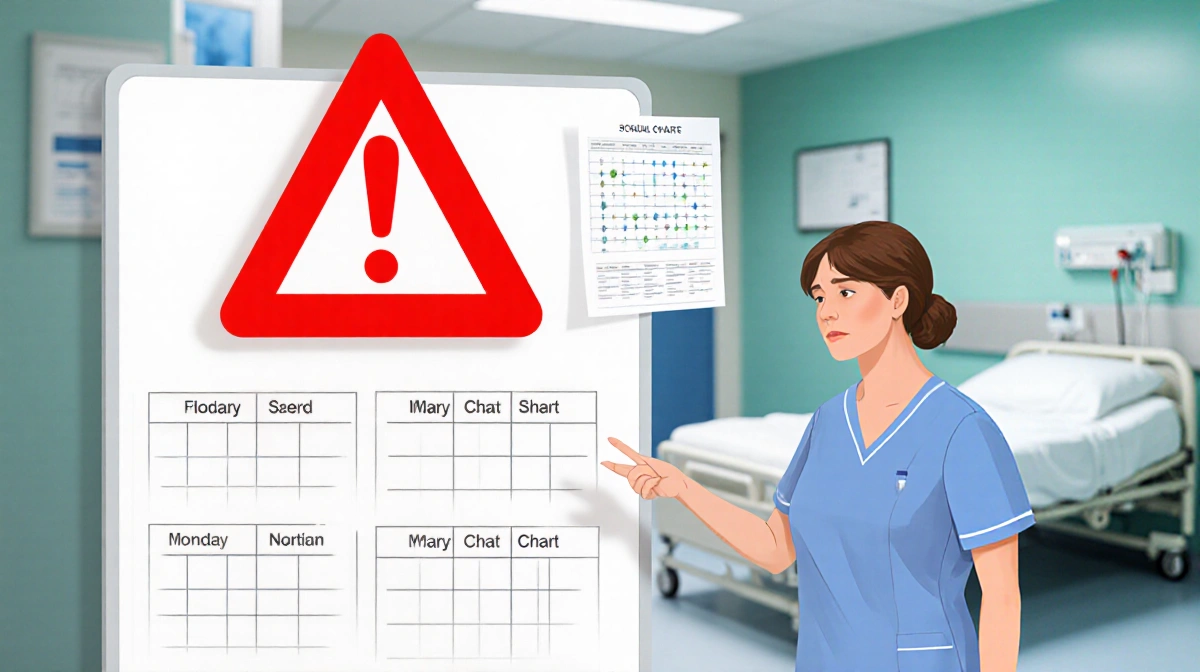 Nurse stands before red warning sign on whiteboard with empty shift schedules and vacant bed behind
