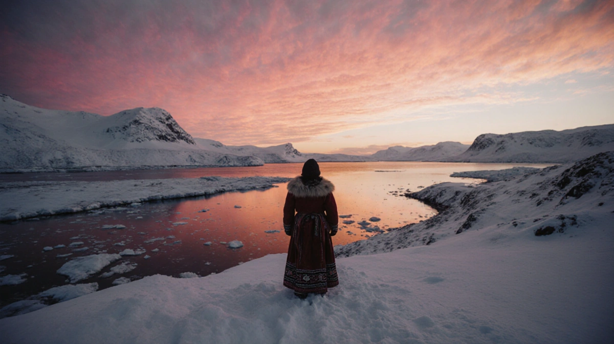 Inuit person stands at fjord edge with traditional clothing and pink sunset sky over Greenland village