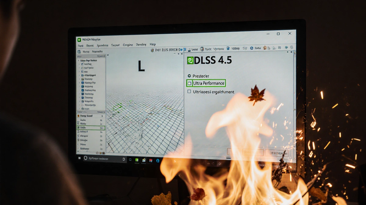 Computer screen running Nvidia DLSS 4.5 with fire crackling in foreground and 4K icon visible
