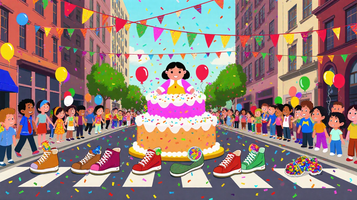 Children line up shoes in NYC Día de los Reyes parade with a large cake hiding a baby Jesus amid balloons and confetti
