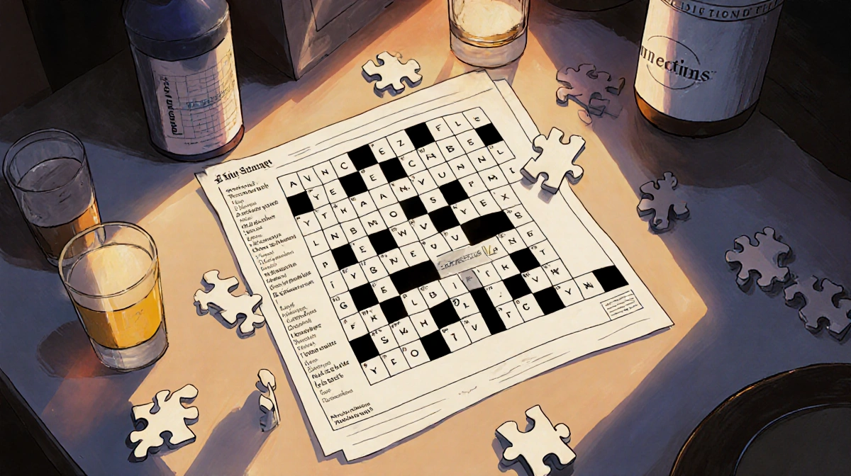 Puzzle table showing a completed NYT Connections puzzle with groups around the grid warm lighting hinting at connections