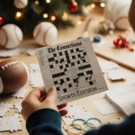 Person holding up completed NYT Connections Sports puzzle with a big smile with sports memorabilia and holiday cheer