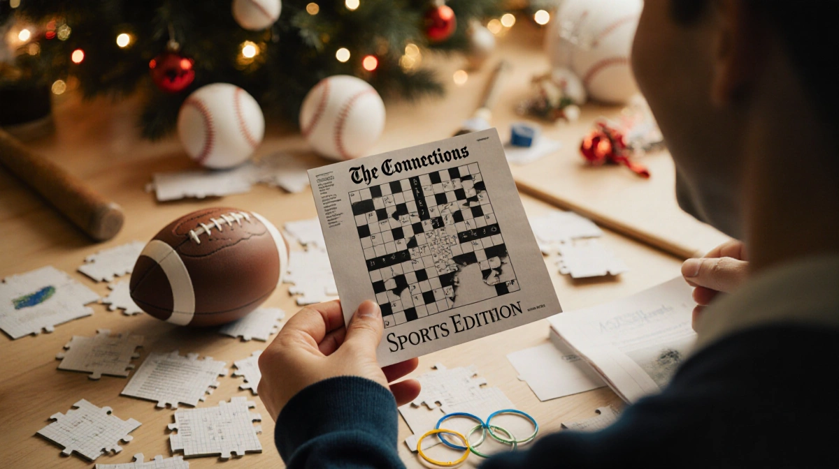 Person holding up completed NYT Connections Sports puzzle with a big smile with sports memorabilia and holiday cheer