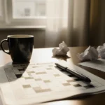 A cluttered desk holds a half-filled NYT Mini Crossword puzzle with a cup of coffee and a pen under warm morning light