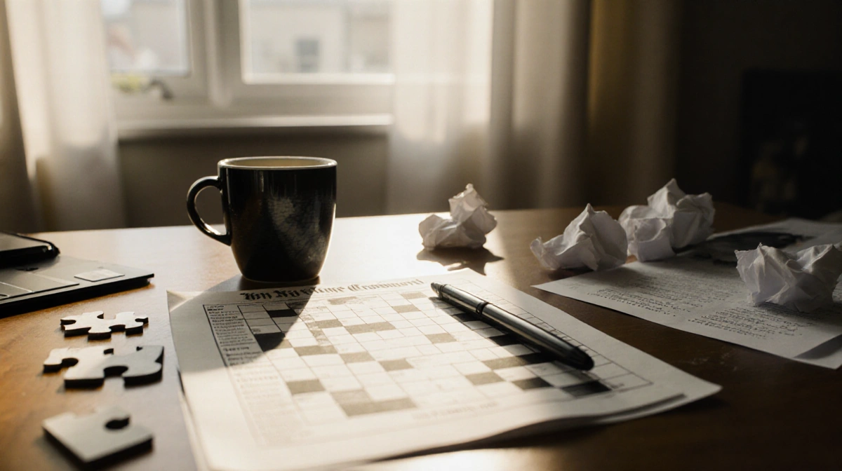 A cluttered desk holds a half-filled NYT Mini Crossword puzzle with a cup of coffee and a pen under warm morning light