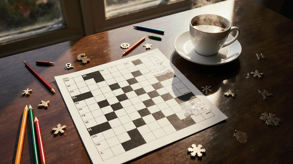 Crossword puzzle shown on wooden desk with steaming coffee and soft natural light