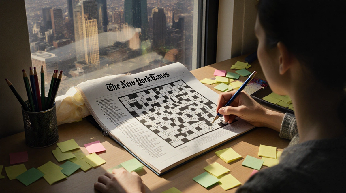 Person solving a NYT puzzle at a desk with a glowing New York skyline reflected on sticky notes and bright morning light
