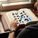 Person sitting at desk solving crossword puzzle with colorful pens and sports items around natural light blue ink answer box.