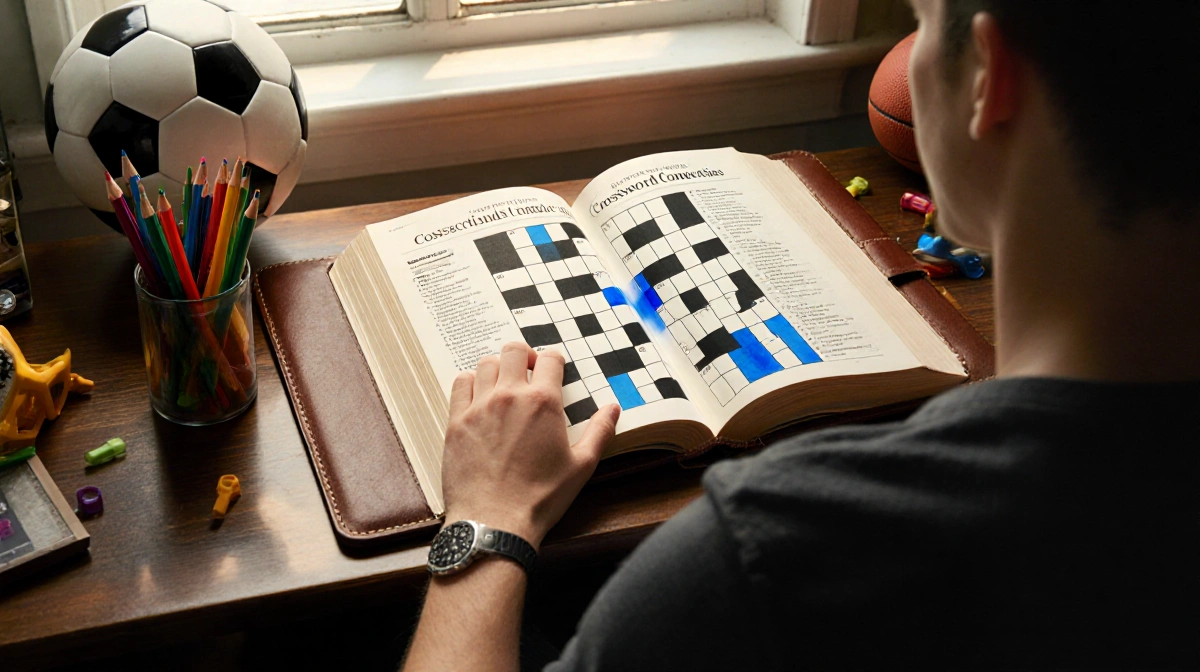 Person sitting at desk solving crossword puzzle with colorful pens and sports items around natural light blue ink answer box.