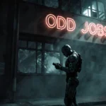 Lone figure checks comms device with flickering neon Odd Jobs sign above and smoke-filled alley behind