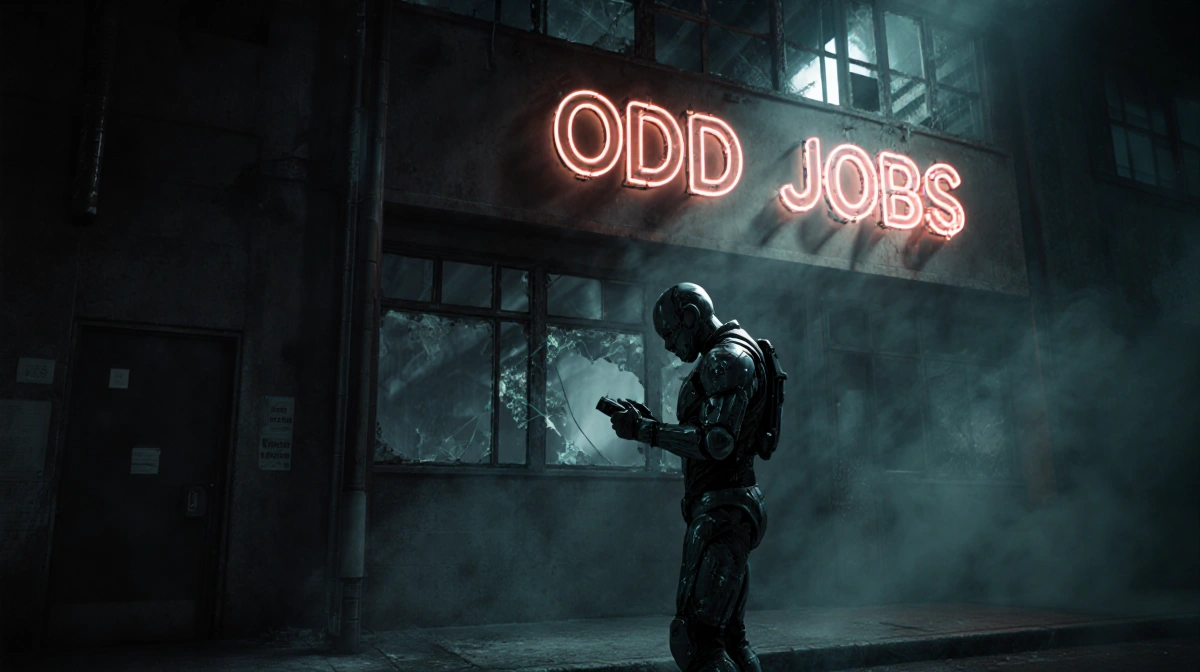 Lone figure checks comms device with flickering neon Odd Jobs sign above and smoke-filled alley behind