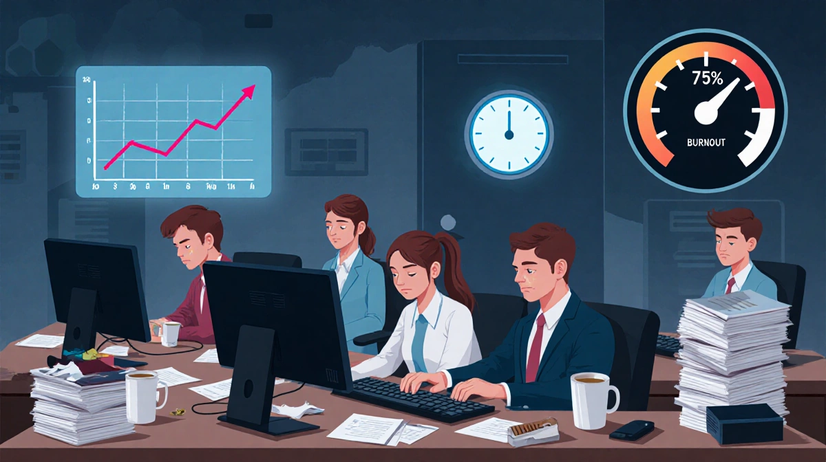 Office workers staring at computers with burnout warning thermometer and declining productivity chart on screen