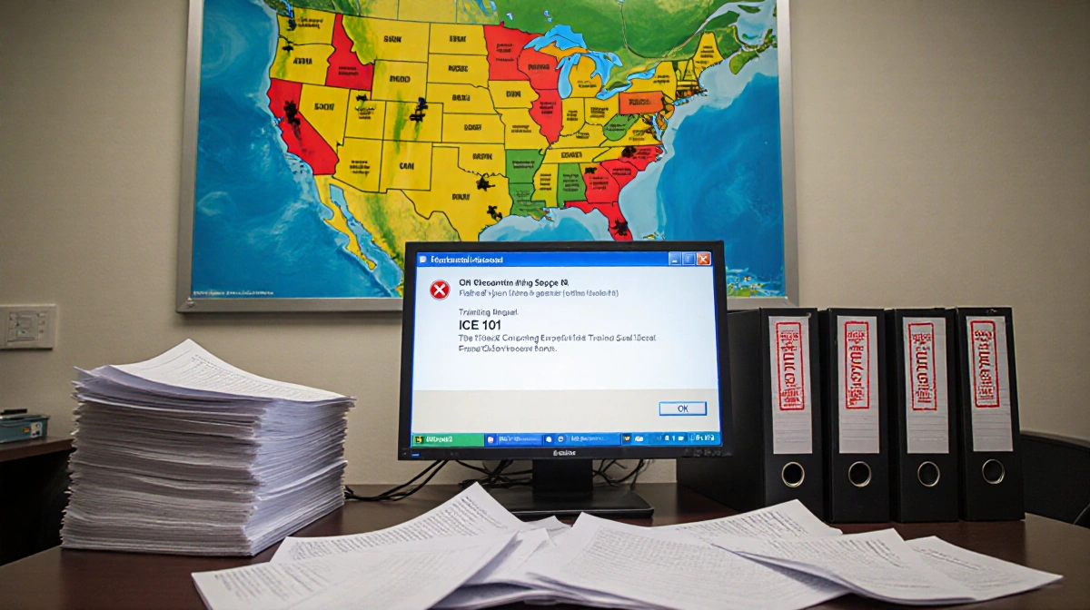 Messy office desk shows error message on computer screen with scattered papers and US map marked with colored regions