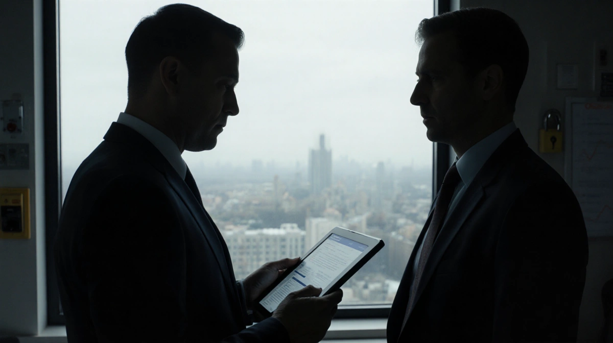 Person holding tablet with confidential data faces suspicious individual in dim office with security alarms visible