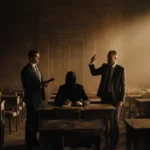 Figure seated at desk during tense business meeting with two suited men and warm golden light