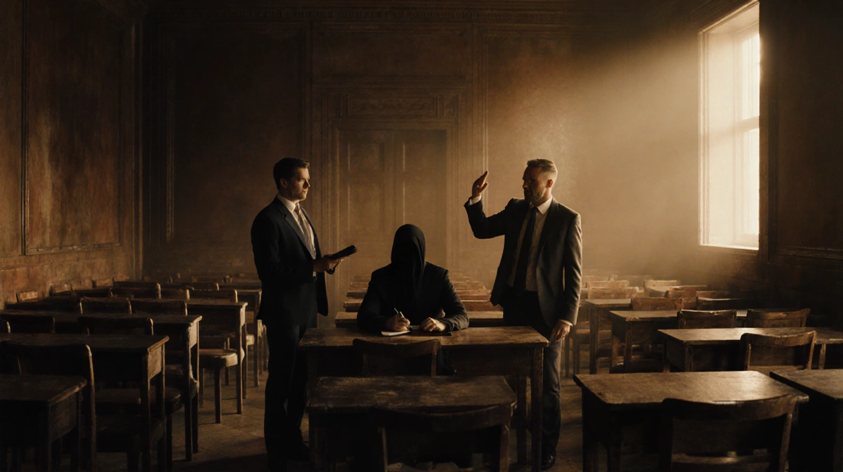 Figure seated at desk during tense business meeting with two suited men and warm golden light