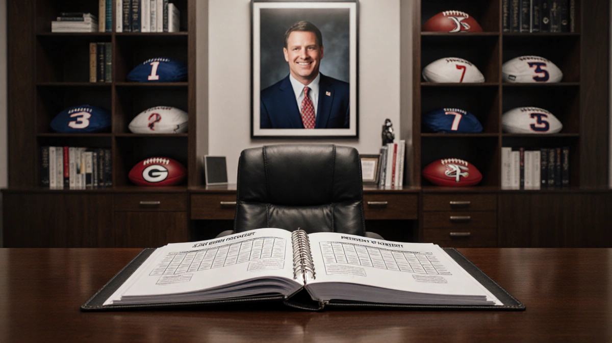 Organizational chart lies open on desk with football memorabilia and blurred photo of coach in background