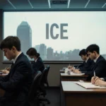 New recruits struggling with paperwork at office desks with error screen on wall and shadowy field office looming behind