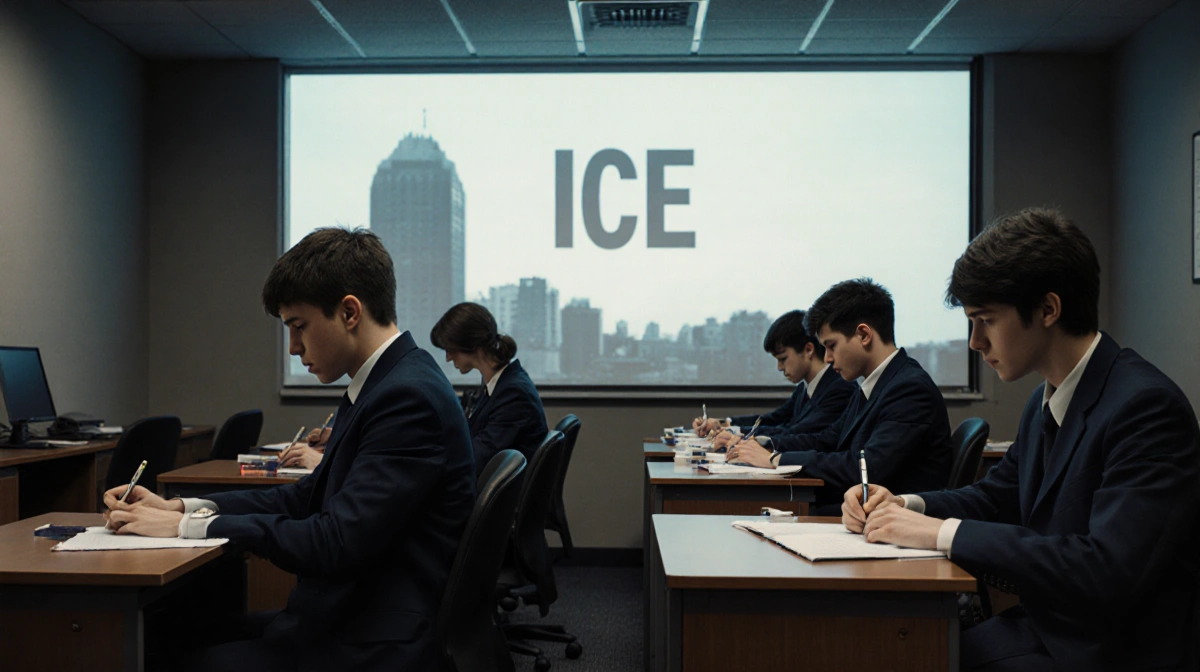 New recruits struggling with paperwork at office desks with error screen on wall and shadowy field office looming behind