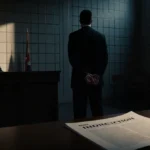 Handcuffed surgeon stands in dawn-lit courtroom with indictment papers on desk and judge