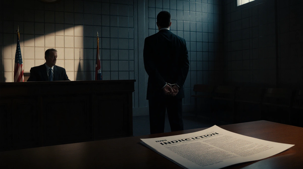 Handcuffed surgeon stands in dawn-lit courtroom with indictment papers on desk and judge