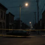 Police tape blocks intersection with crashed vehicles and single streetlight casting ominous glow over Ohio street