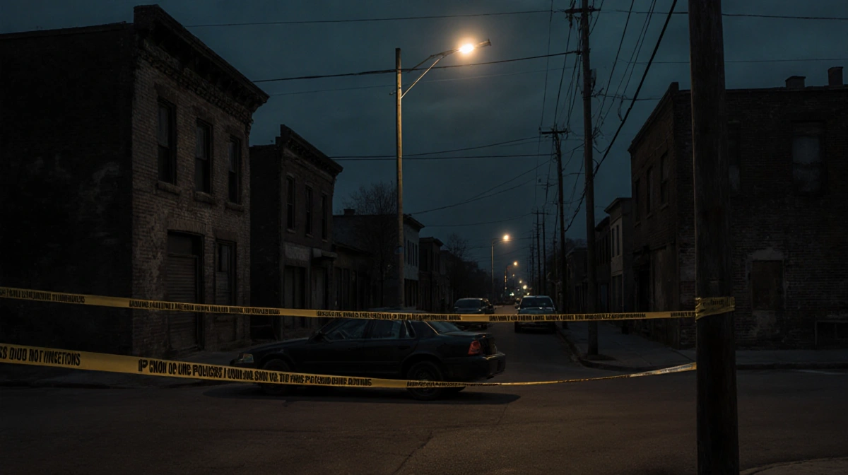 Police tape blocks intersection with crashed vehicles and single streetlight casting ominous glow over Ohio street