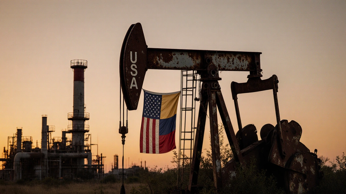 Flags drape from rusty oil derrick with crumbling refinery equipment and overgrown vegetation.