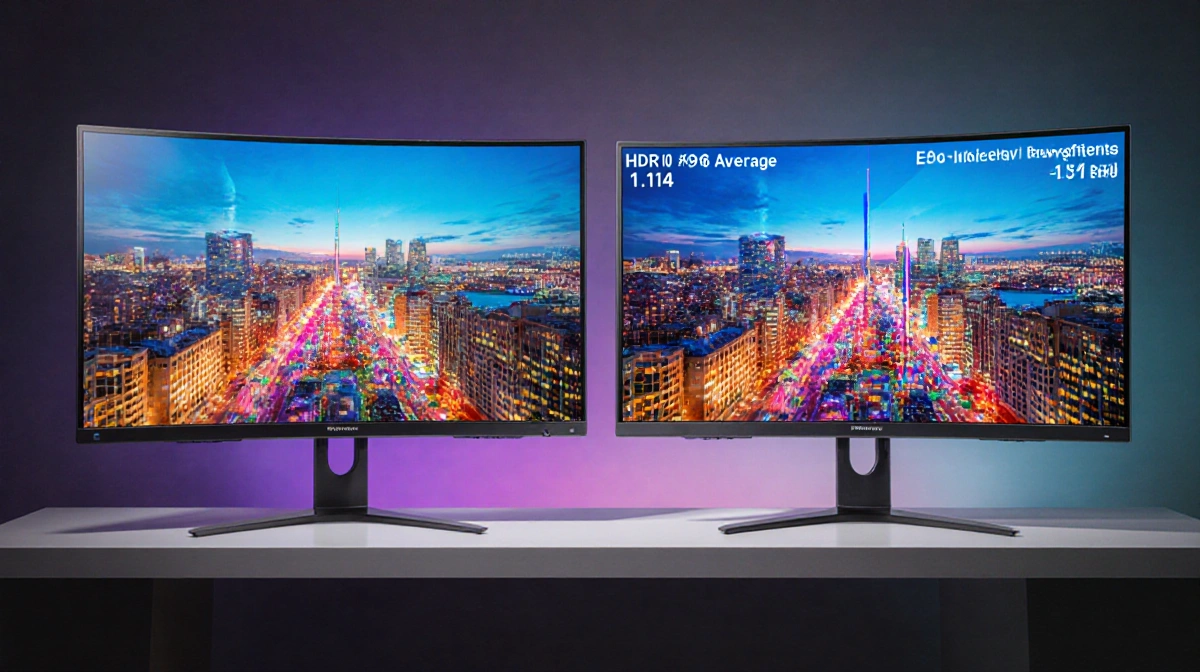 Two OLED monitors side by side showing a bright cityscape with high color accuracy and reduced Eco mode brightness.