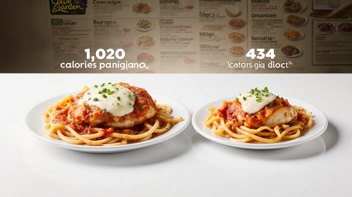 Olive Garden chicken parm shown in large and smaller portions side by side on table with lighter portion menu in background