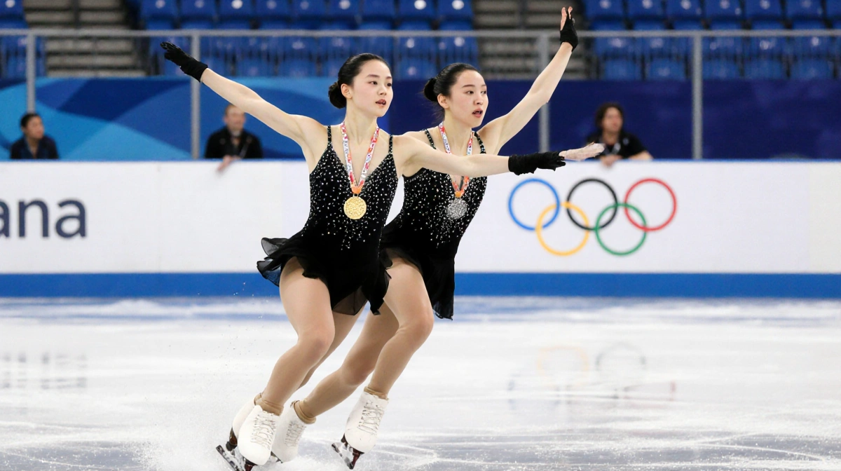 Two figure skaters performing synchronized double axel on Olympic ice with gold medal glinting and scorecard visible