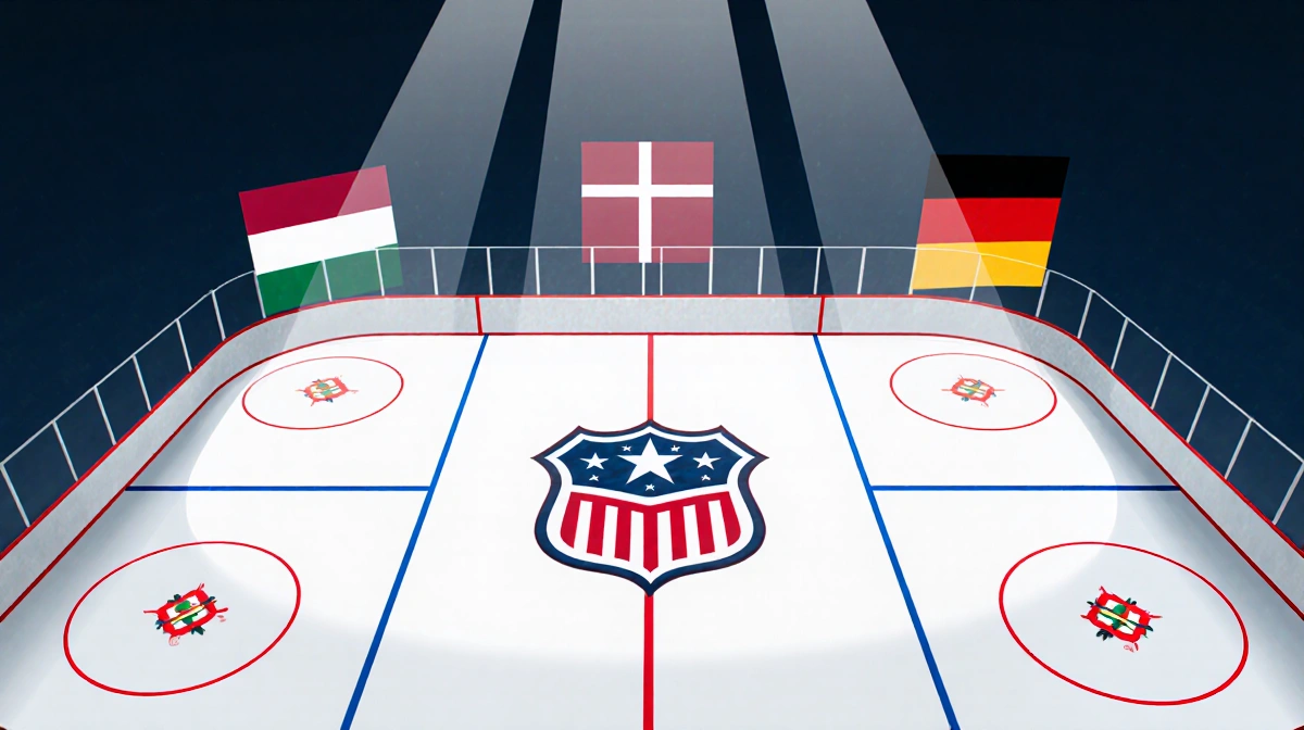 Olympic ice hockey rink showcases Team USA logo centered with dynamic lighting and Latvian Danish German flags in background.