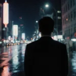 Executive stands at window overlooking city with neon lights reflecting off wet pavement showing corporate tension