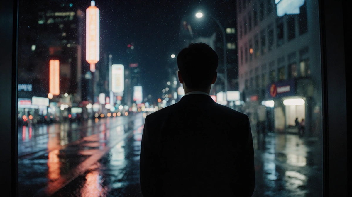 Executive stands at window overlooking city with neon lights reflecting off wet pavement showing corporate tension