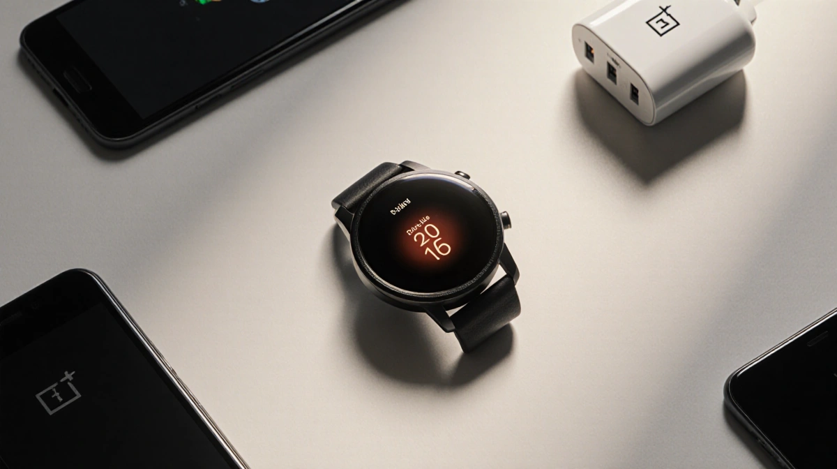 Modern wristwatch glows on desk with OnePlus branding and tech devices in background