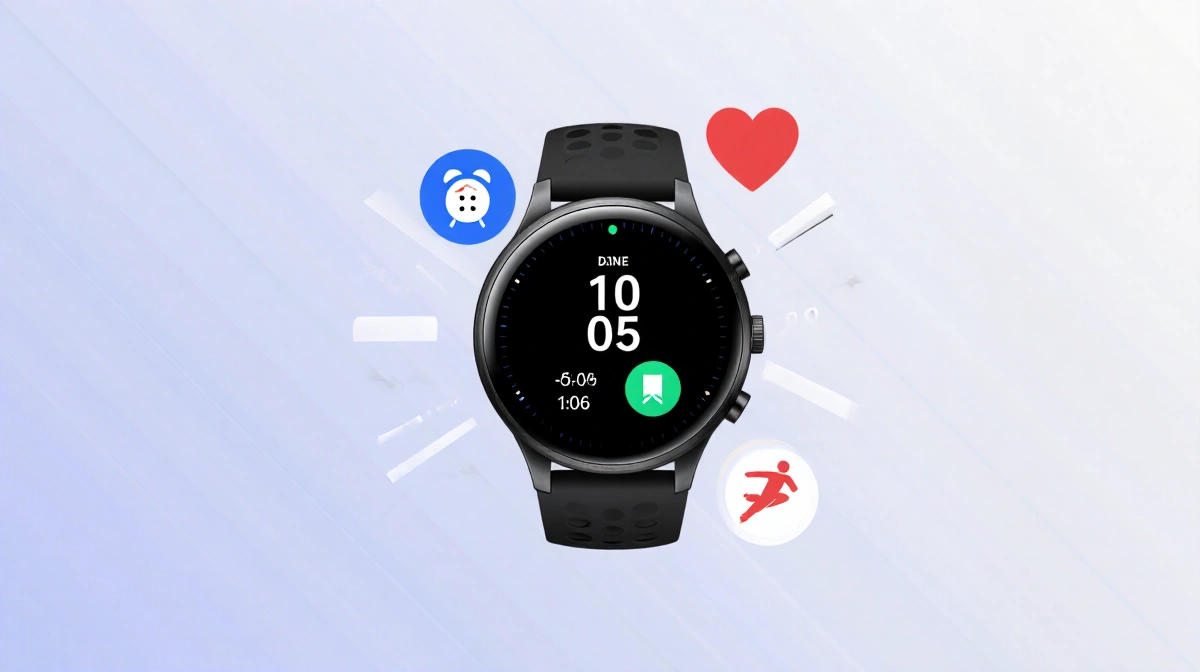 Modern smartwatch showing date and heart rate with notification bubble and fitness tracker on minimalist background