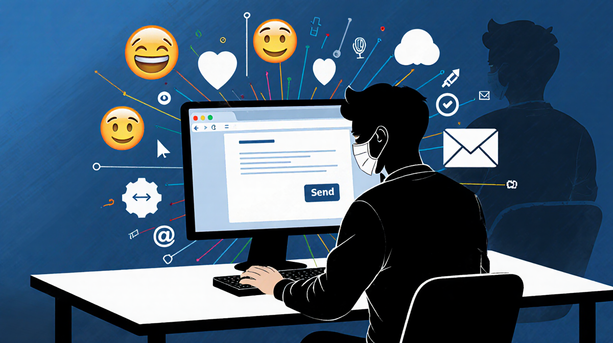 Person seated at desk with smartphone screen and dark face hidden by shadows surrounded by icons and emojis of online threats