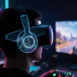 Gamer wearing open-ear headset with transparent shell showing circuits while playing VR with neon screens