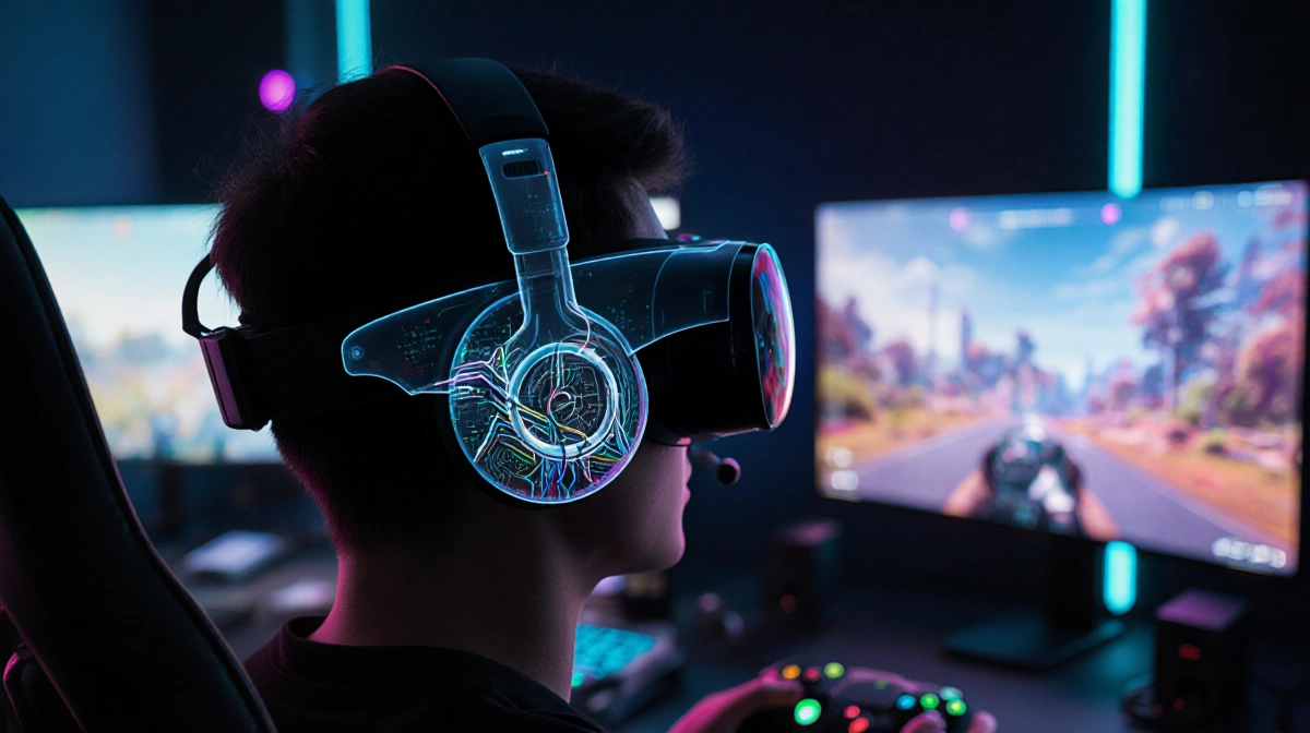 Gamer wearing open-ear headset with transparent shell showing circuits while playing VR with neon screens
