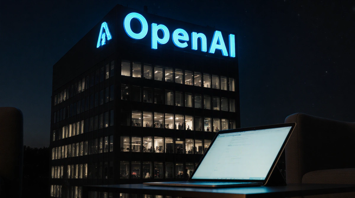 OpenAI headquarters glows at night with electric blue logo above while a laptop on table shows faint screen light